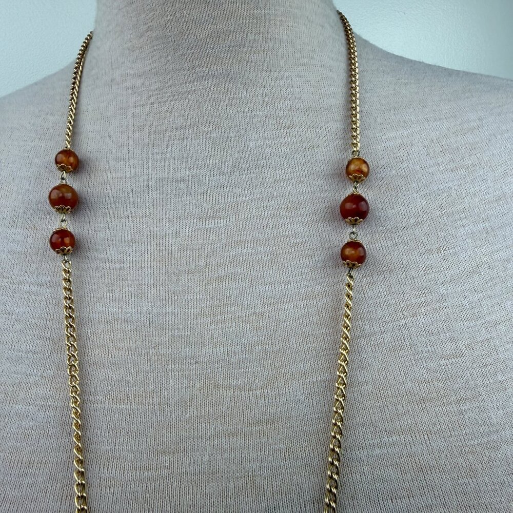 Vintage Lucite Amber Station Beads Gold Tone Chain Necklace 45" - Picture 3 of 6